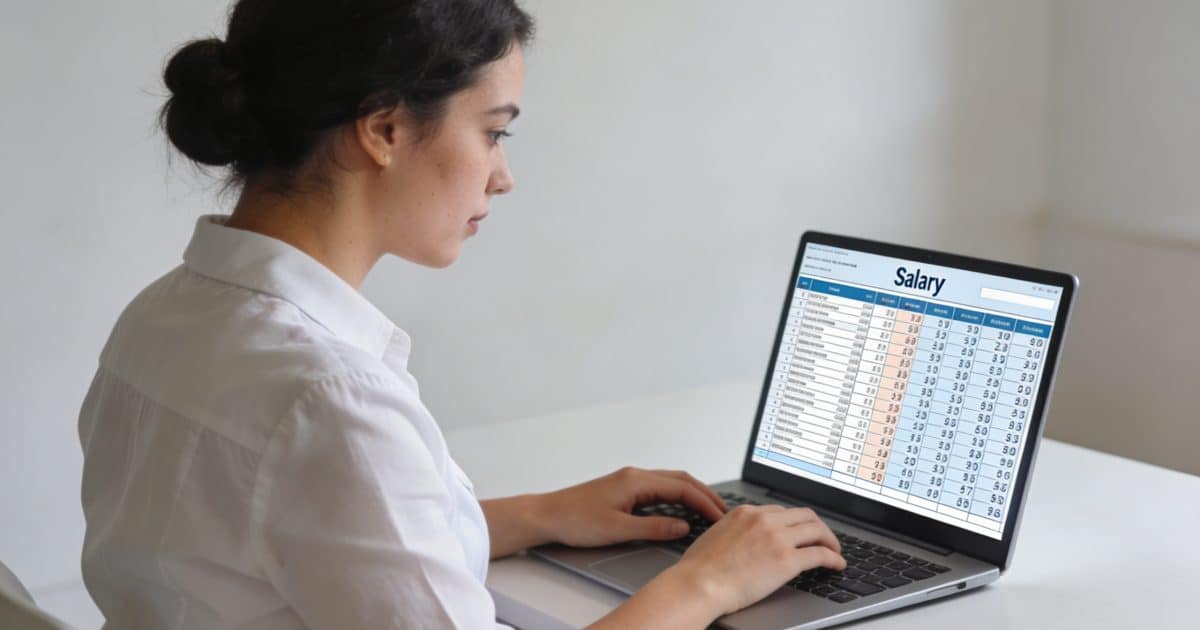 aide soignante en blouse blanche consultant une grille salariale sur ordinateur