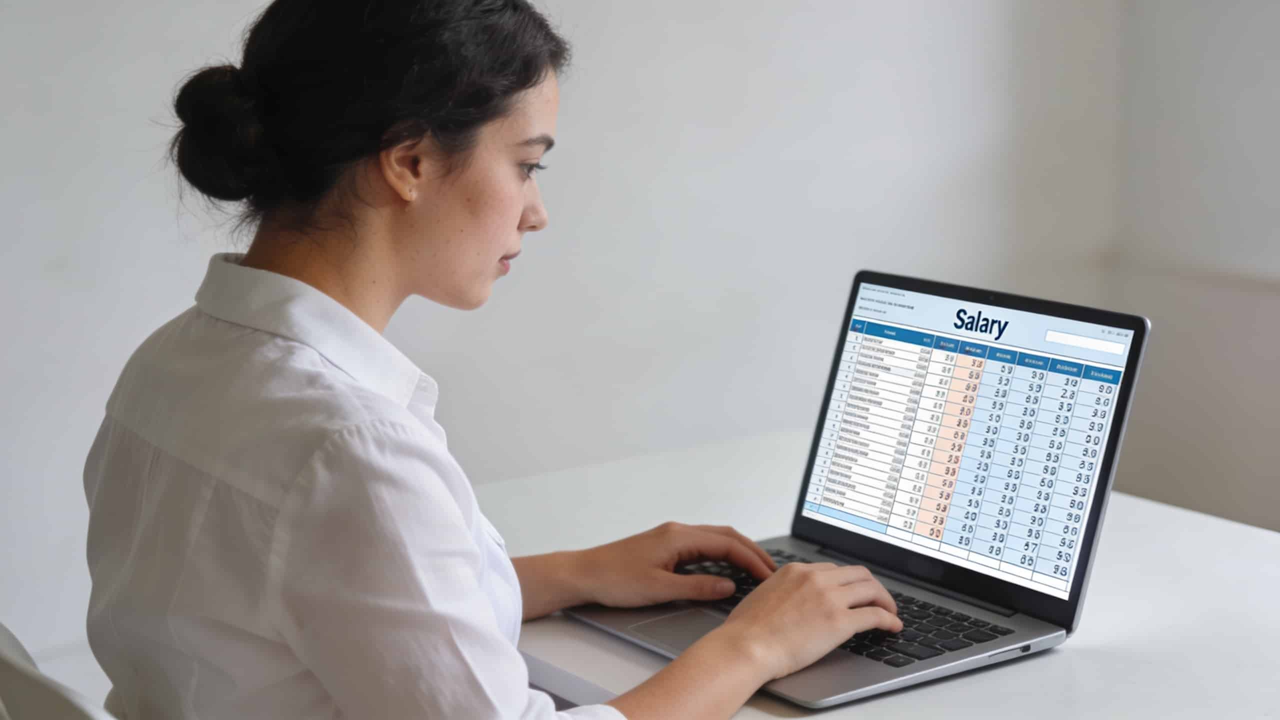 aide soignante en blouse blanche consultant une grille salariale sur ordinateur