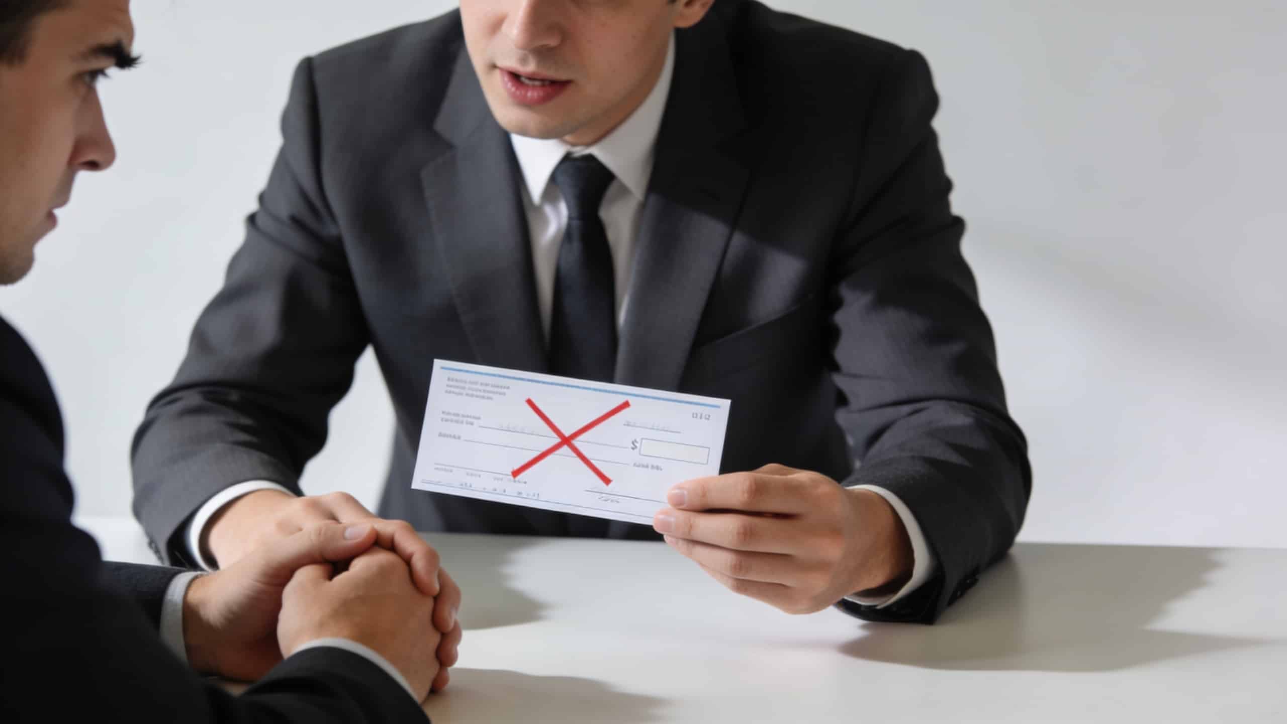 banquier examinant un cheque refuse devant client inquiet