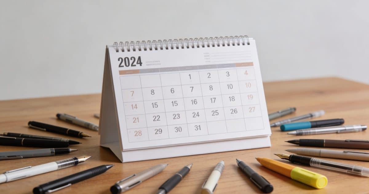 calendrier mural 2024 entouré de stylos au bureau