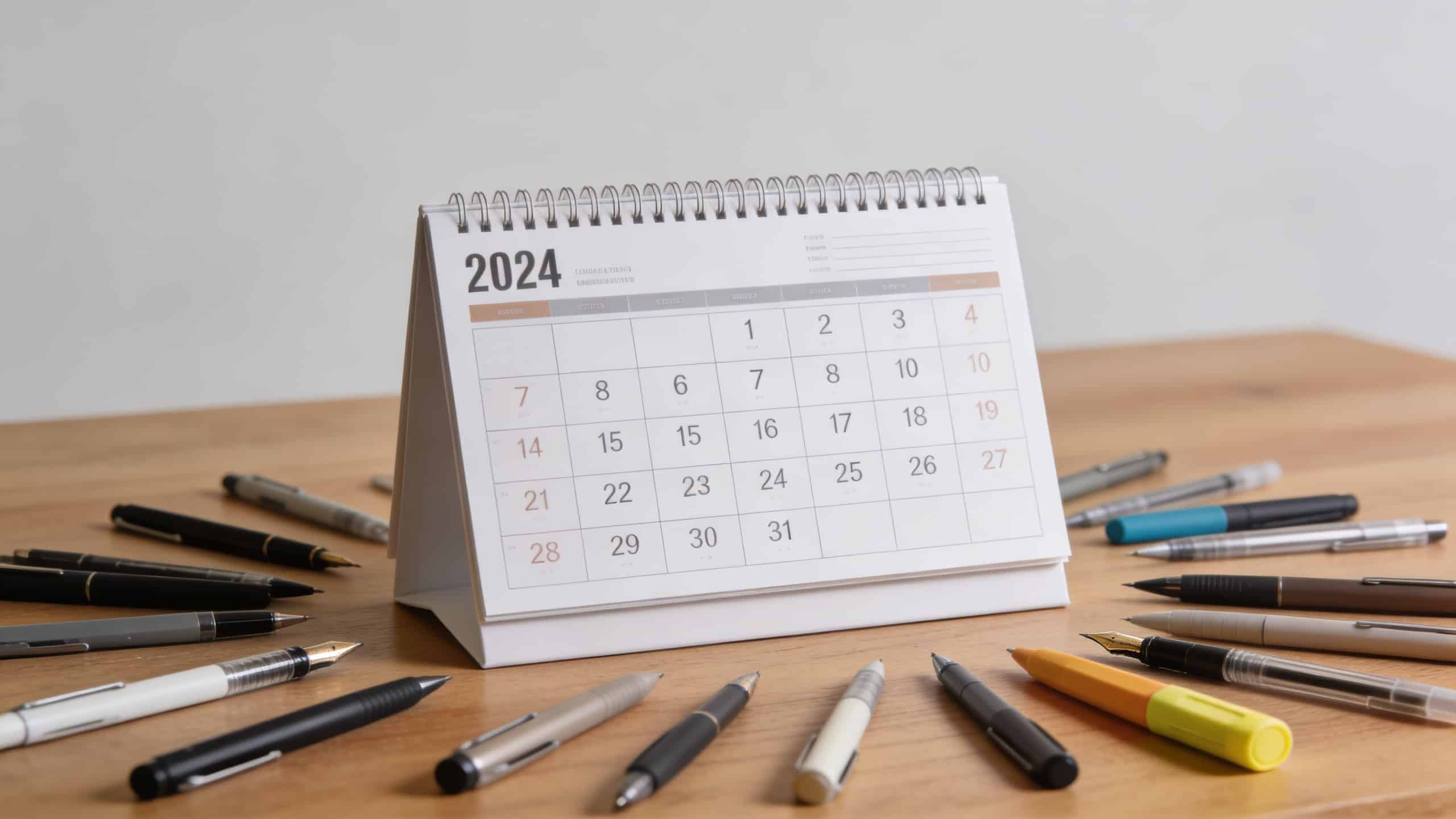 calendrier mural 2024 entouré de stylos au bureau