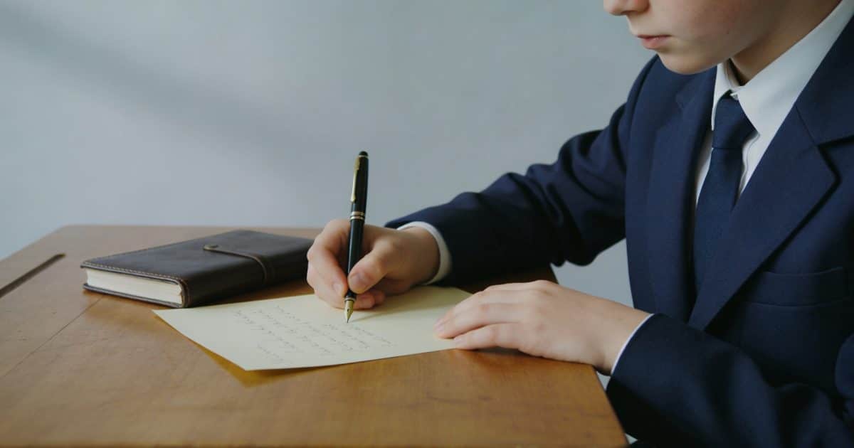 collégien assis à un bureau écrivant une lettre