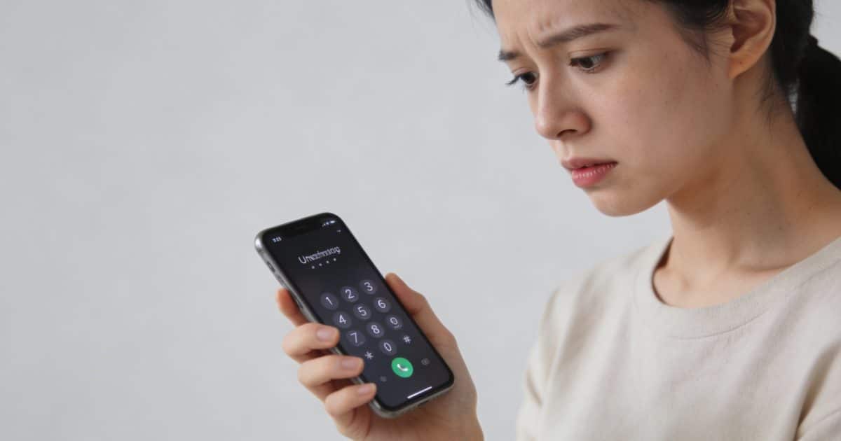 femme confuse regarde son telephone affichant numero inconnu