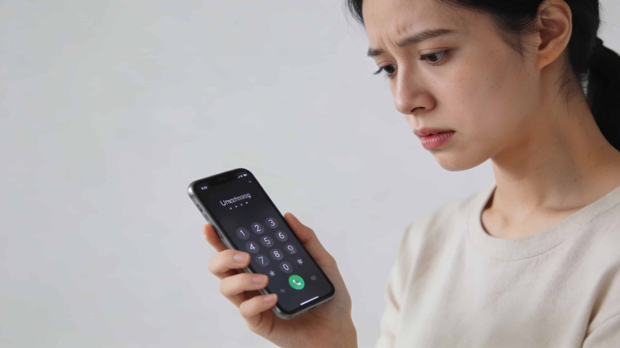 femme confuse regarde son telephone affichant numero inconnu
