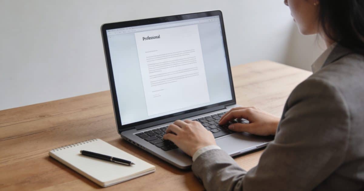 Femme tapant une lettre professionnelle sur ordinateur