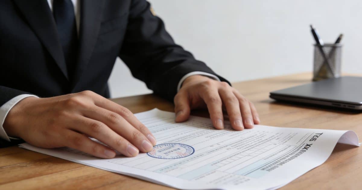 fonctionnaire verifiant formulaire fiscal tamponne sur bureau