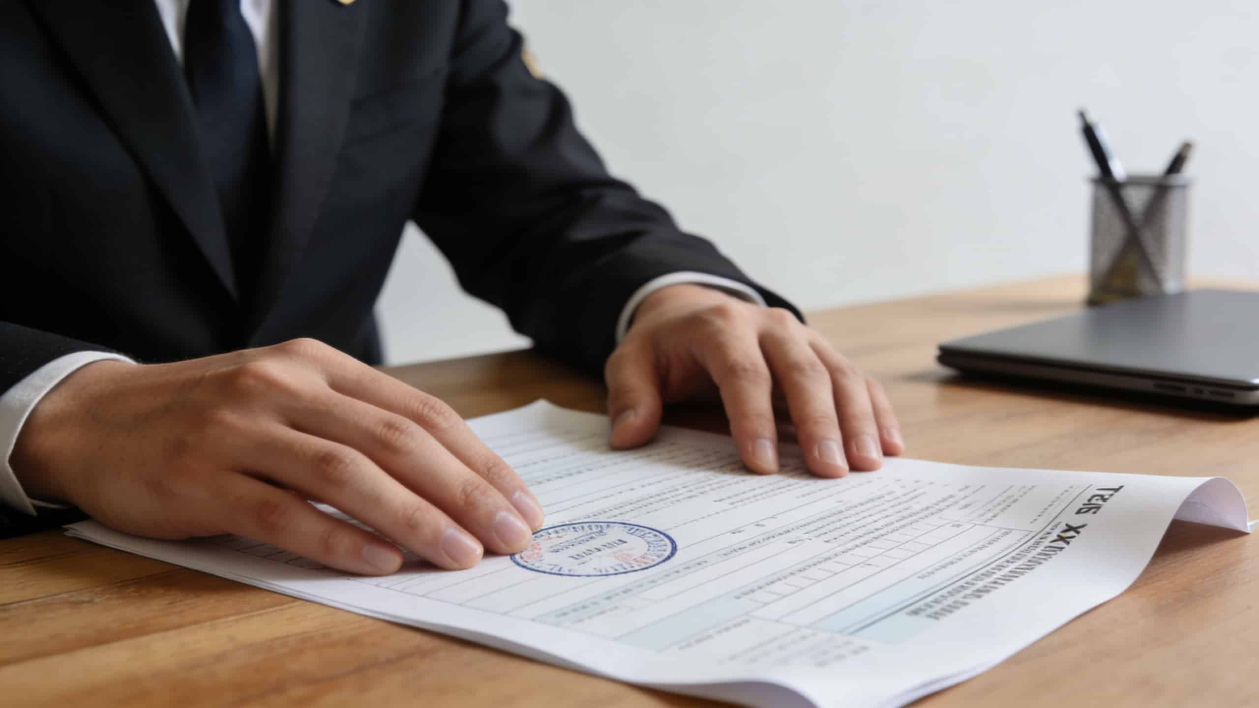 fonctionnaire verifiant formulaire fiscal tamponne sur bureau