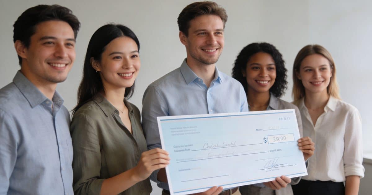 Groupe de collegues souriants tenant un gros cheque