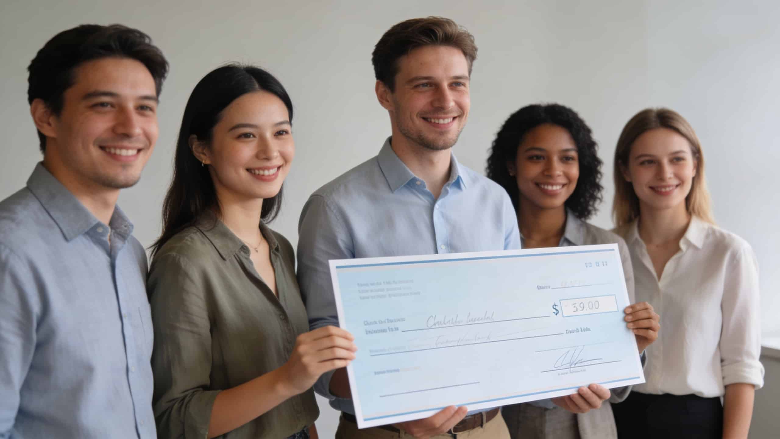 Groupe de collegues souriants tenant un gros cheque