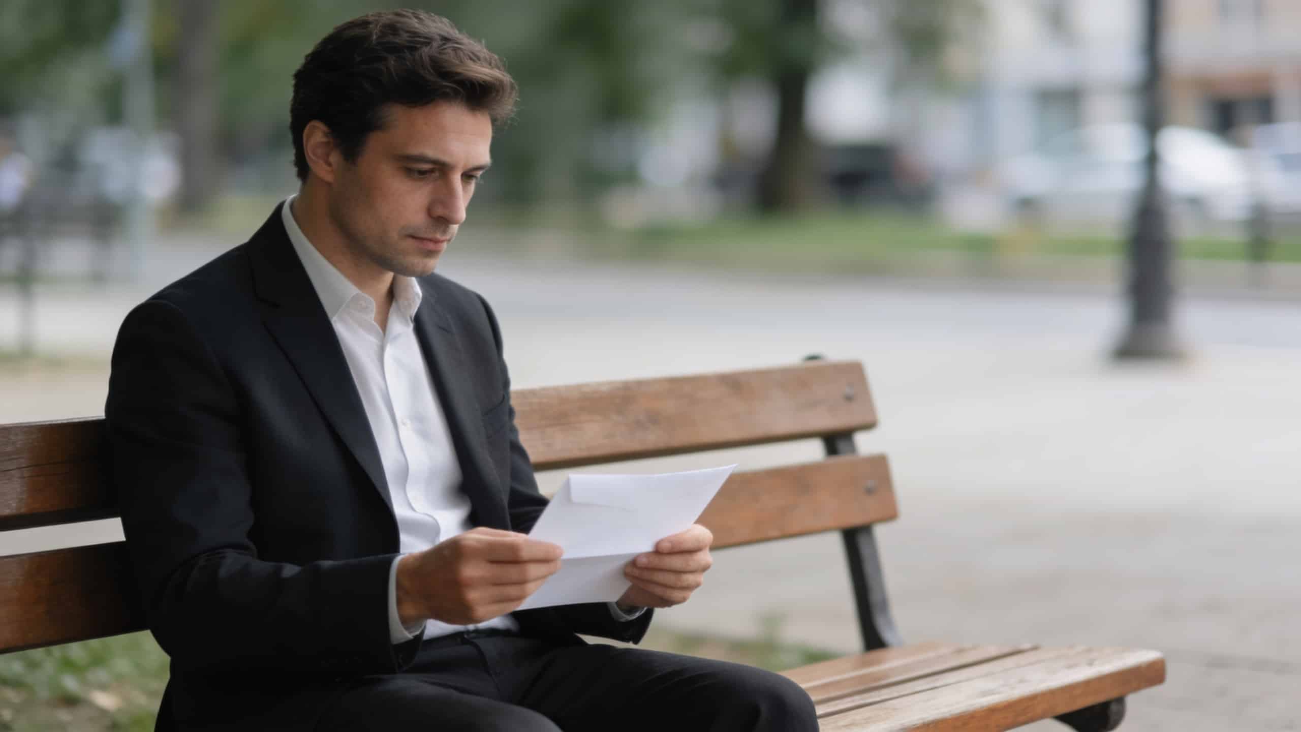 Homme assis seul sur un banc tenant une lettre