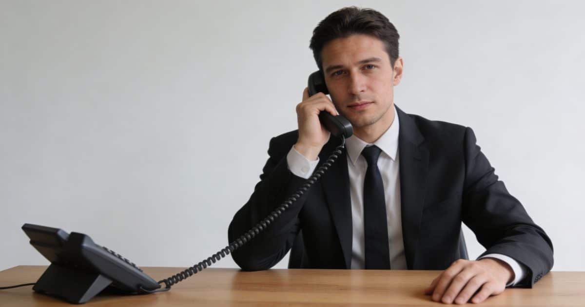 homme assis a un bureau telephone a la main