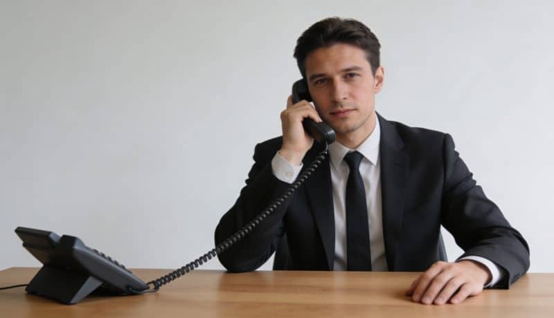 homme assis a un bureau telephone a la main