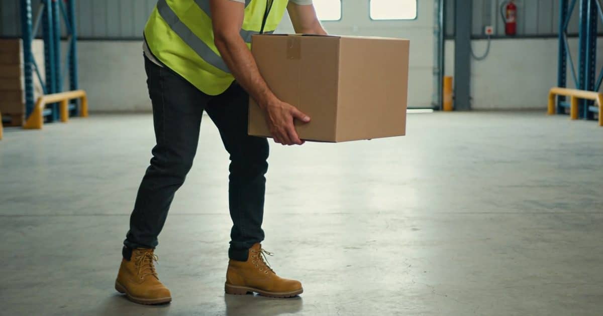 Homme en gilet fluorescent soulevant carton dans entrepot
