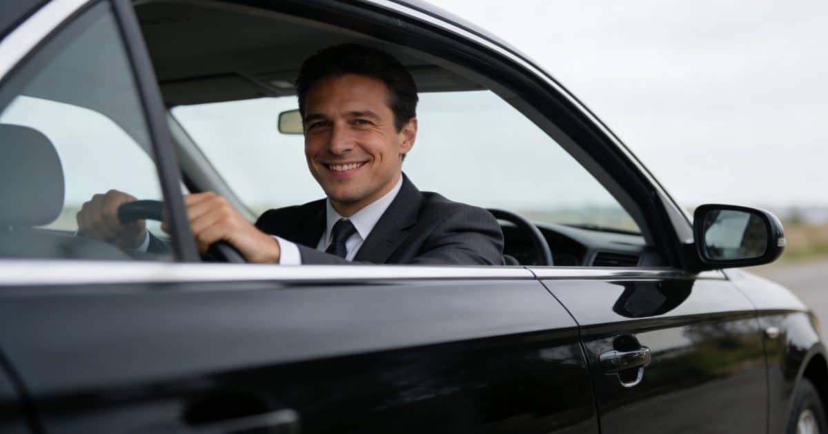 Homme souriant en costume conduisant une berline noire