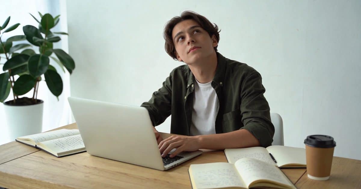 jeune adulte assis a un bureau planifiant son avenir