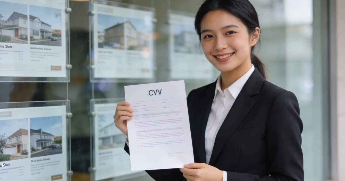 Jeune agent immobilier souriant tenant un CV devant une vitrine d agence