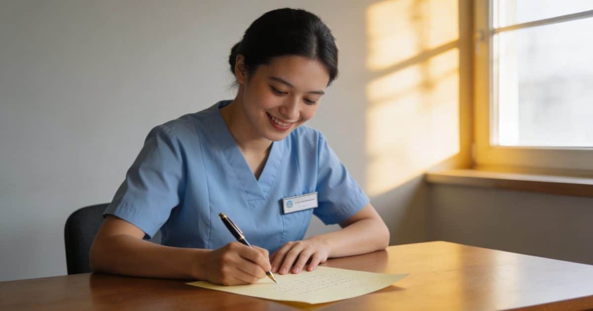 Jeune aide soignante souriante ecrivant une lettre