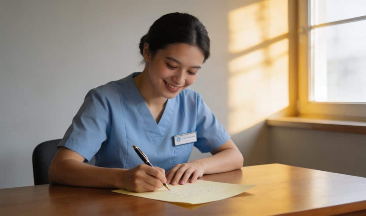 Jeune aide soignante souriante ecrivant une lettre