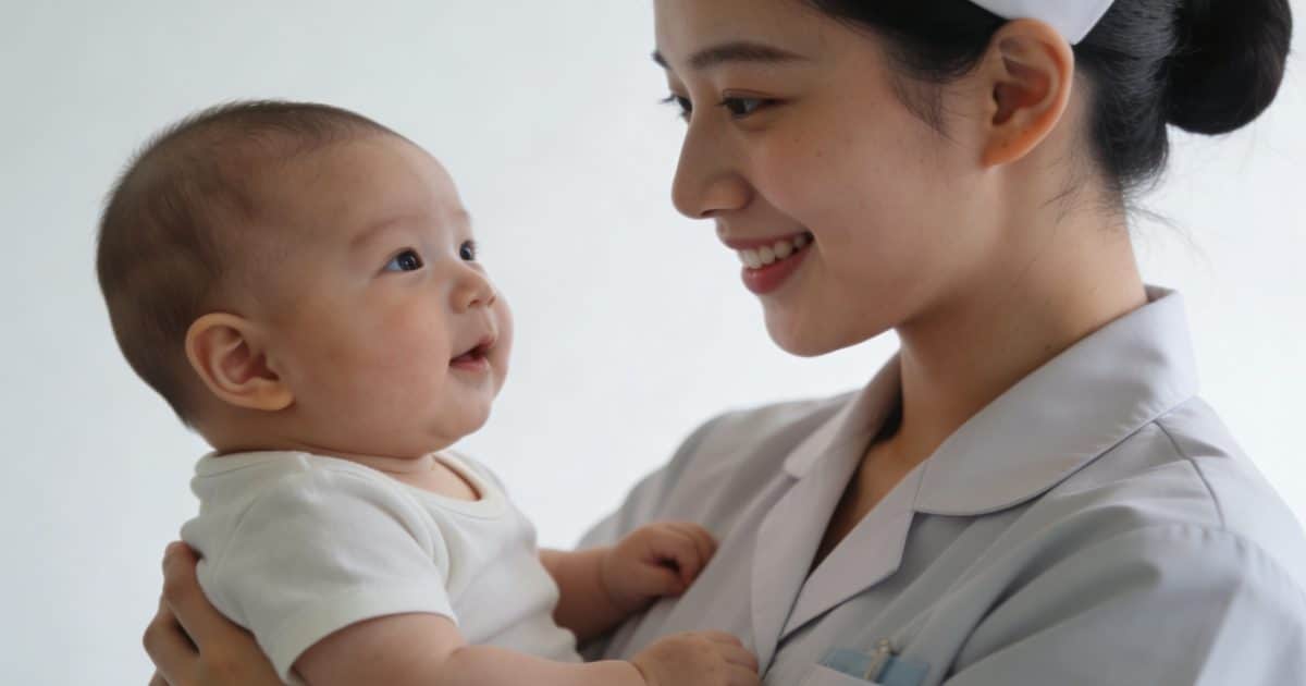 Jeune auxiliaire de puericulture souriante tenant un bebe