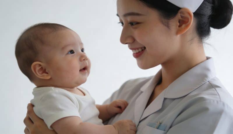 Jeune auxiliaire de puericulture souriante tenant un bebe
