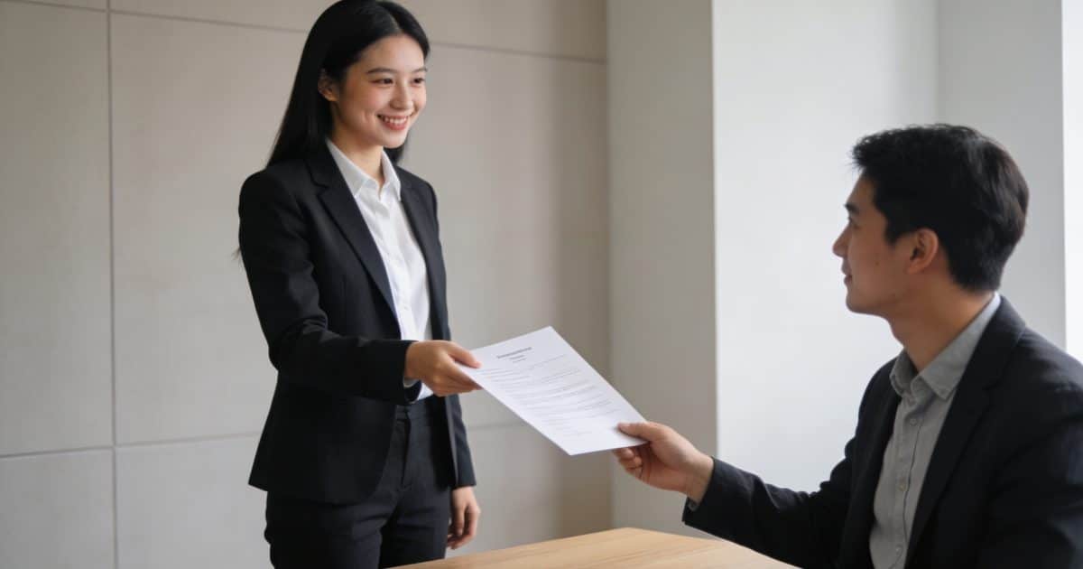 Jeune candidate souriante remet CV a recruteur