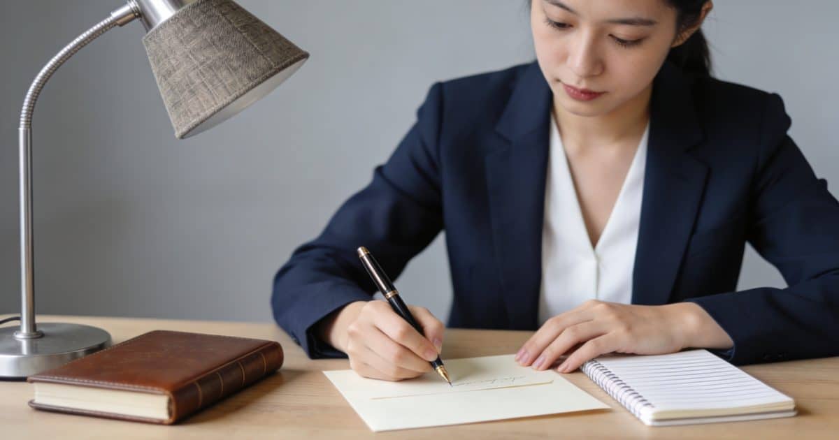 Jeune comptable assise au bureau ecrivant une lettre