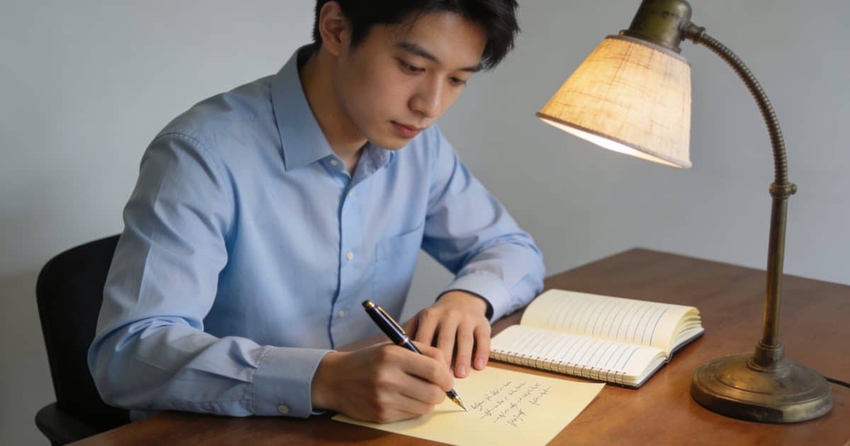 jeune employe en chemise ecrivant une lettre manuscrite