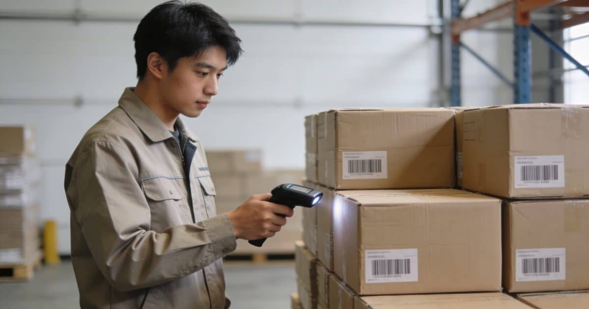 Jeune employe debout scannant des colis empiles