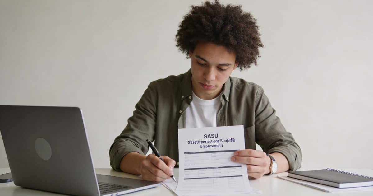 jeune entrepreneur signe des documents sasu sur ordinateur