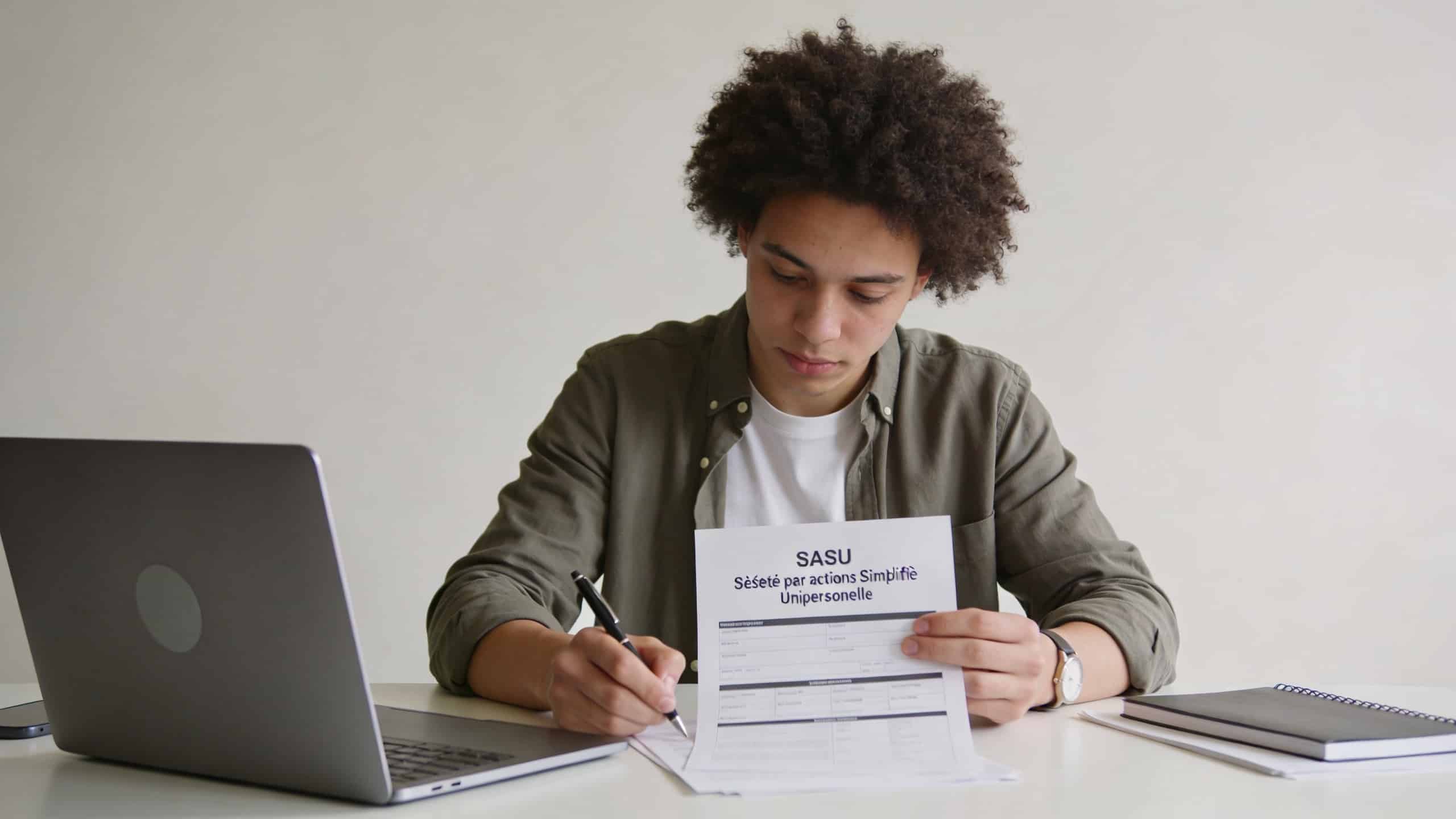 jeune entrepreneur signe des documents sasu sur ordinateur