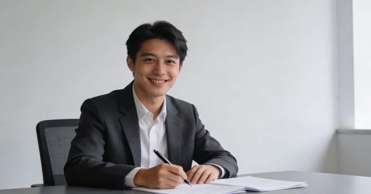 jeune entrepreneur souriant signant des papiers au bureau
