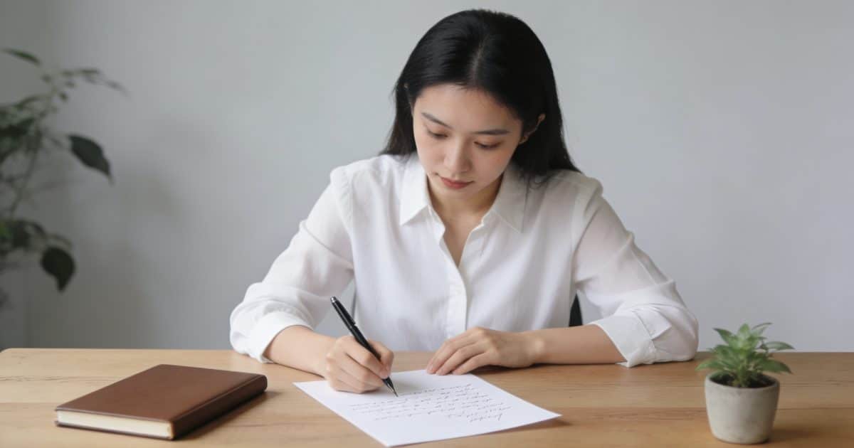 jeune femme en blouse blanche assise ecrivant une lettre manuscrite sur un bureau ordonne
