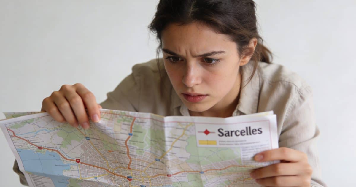 Jeune femme regardant une carte de Sarcelles nervousement