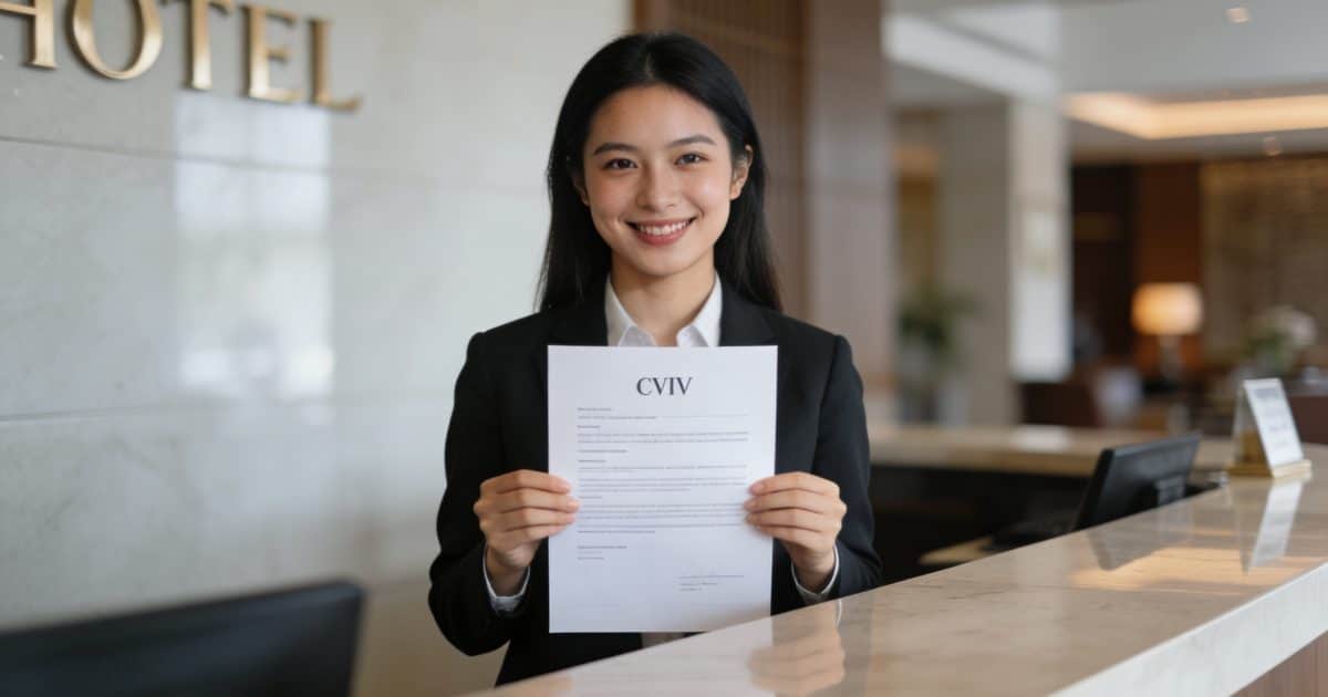 Jeune femme souriante derriere comptoir hotelier tenant CV