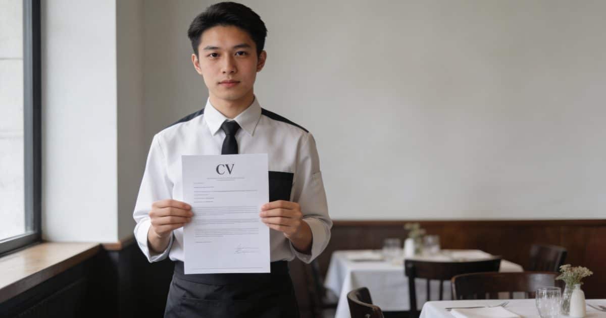 Jeune serveur debout en salle tenant un CV
