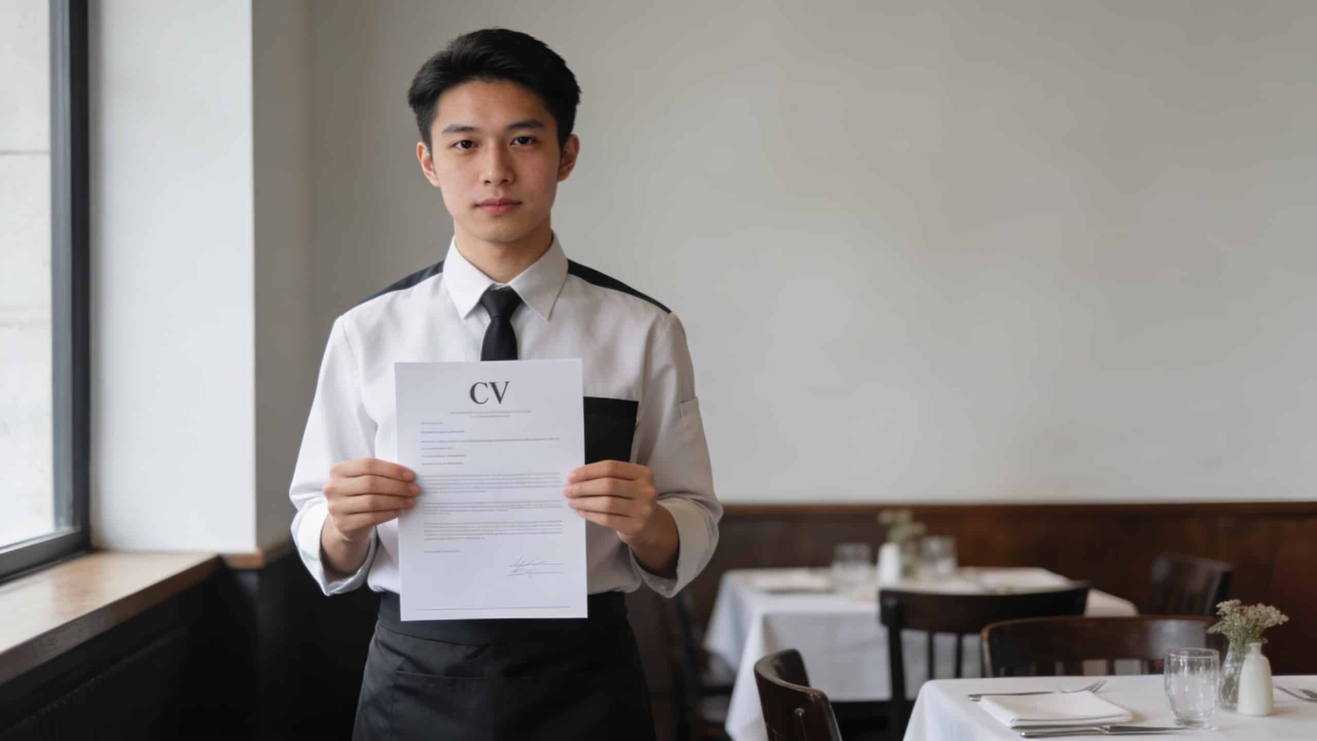 Jeune serveur debout en salle tenant un CV
