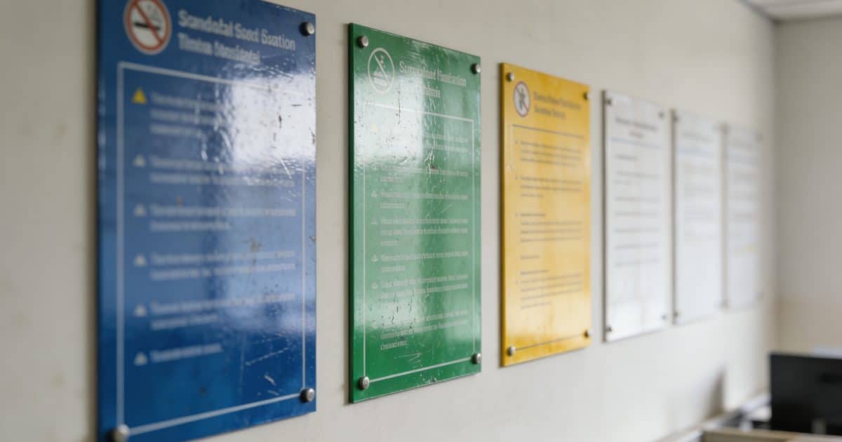mur de bureau avec panneaux informatifs obligatoires colorés