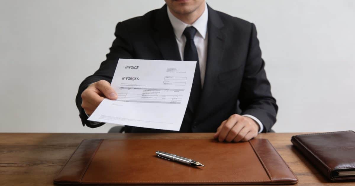 Notaire assis devant bureau montrant facture salée