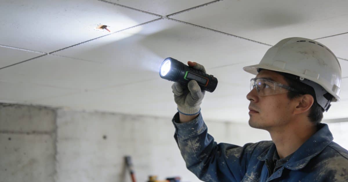 ouvrier inspectant plafond blanc avec lampe torche