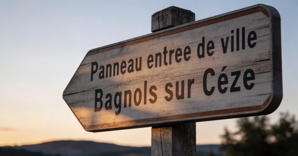 Panneau entree de ville Bagnols sur Ceze au crepuscule