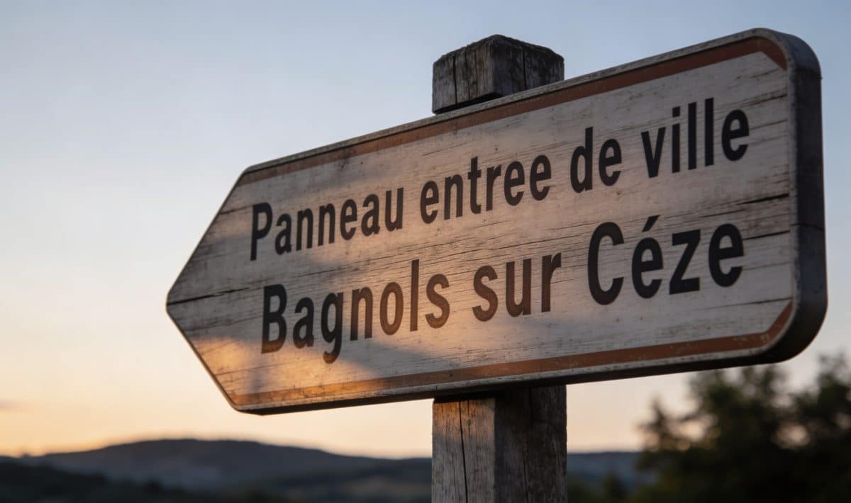 Panneau entree de ville Bagnols sur Ceze au crepuscule