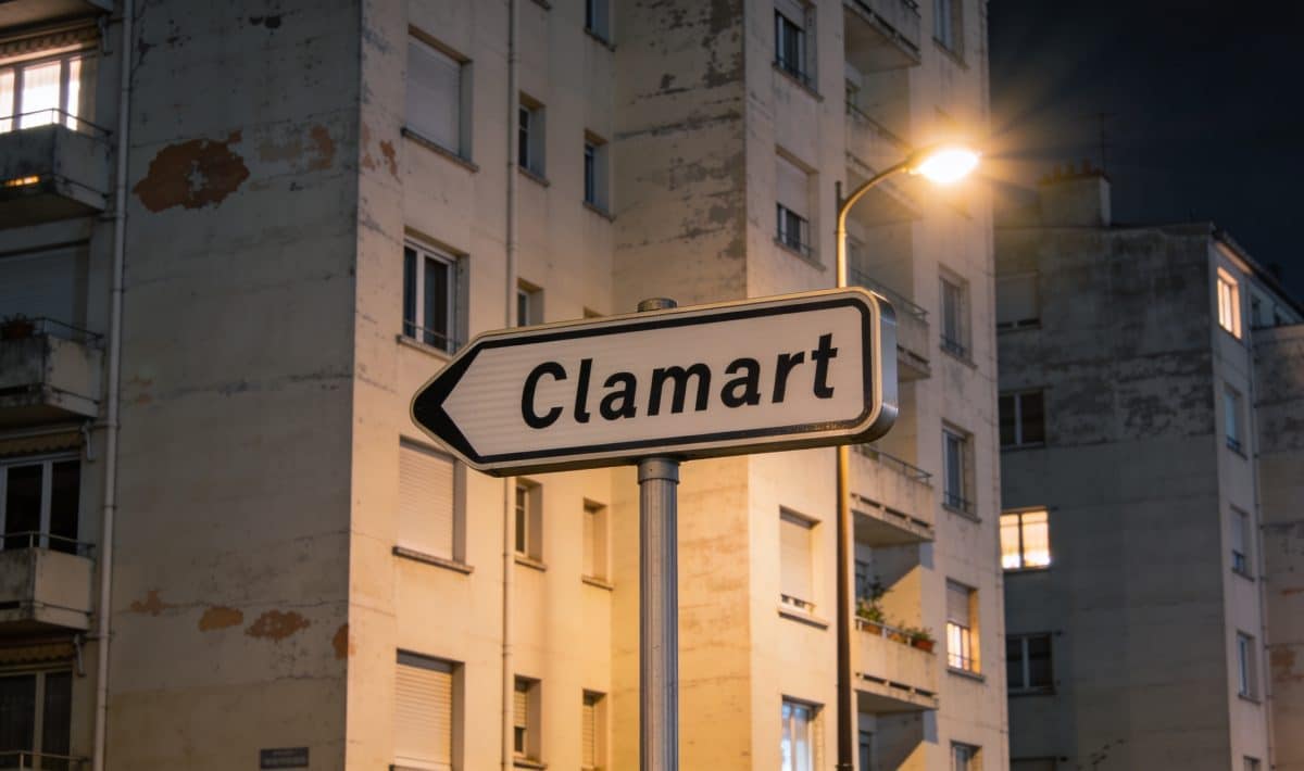 Panneau routier Clamart devant immeubles defraichis la nuit