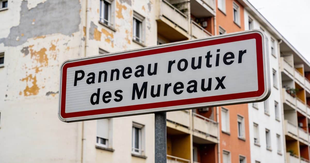 Panneau routier des Mureaux devant immeubles defraichis