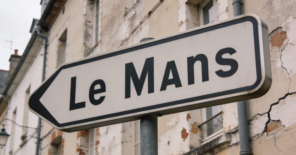 Panneau de ville du Mans devant immeubles defraichis