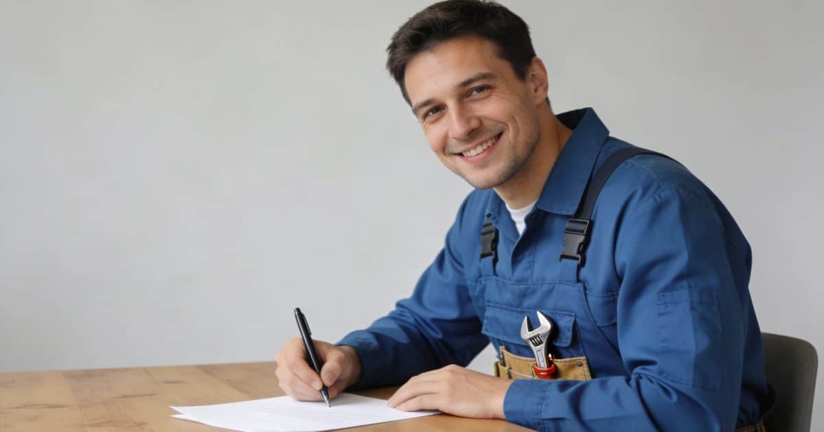 Plombier souriant ecrit une lettre sur un bureau