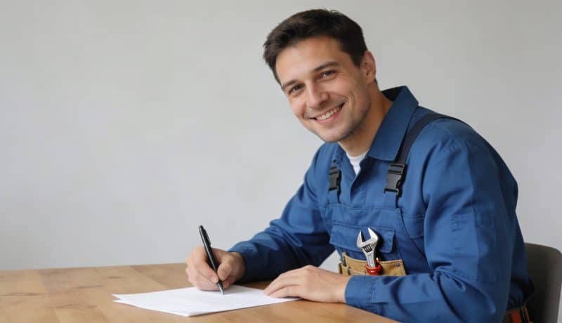 Plombier souriant ecrit une lettre sur un bureau