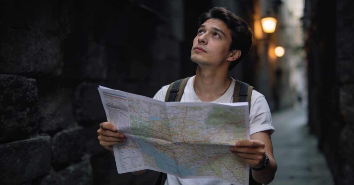 Touriste consultant une carte devant ruelle sombre