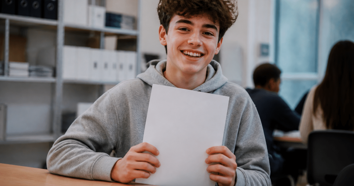 Adolescent souriant tenant un document de contrat emploi