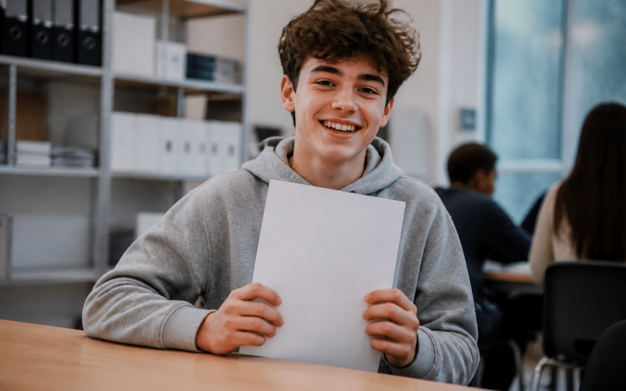 Adolescent souriant tenant un document de contrat emploi