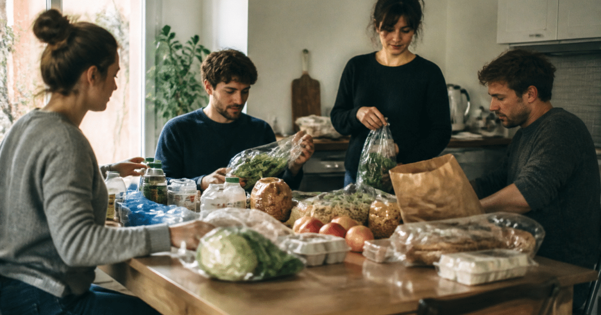 Quatre personnes autour table avec courses alimentaires mensuelles